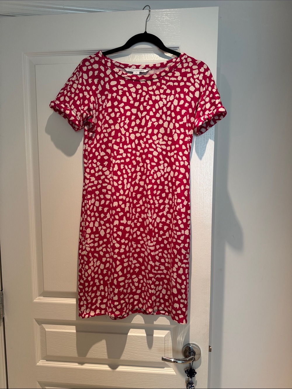 Pink and White Printed Short Sleeve Shift Dress